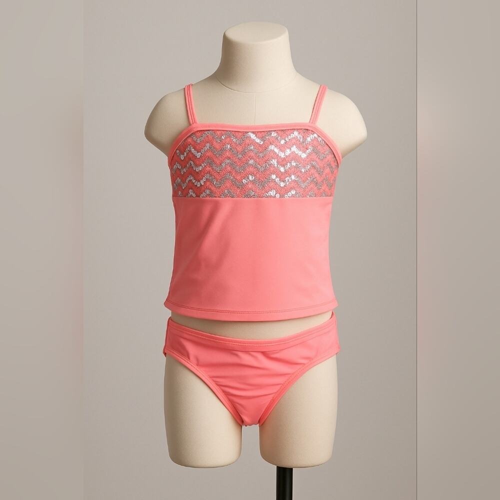 SO Girls Tankini Swimsuit Set Size 10 Pink Orange Chevron